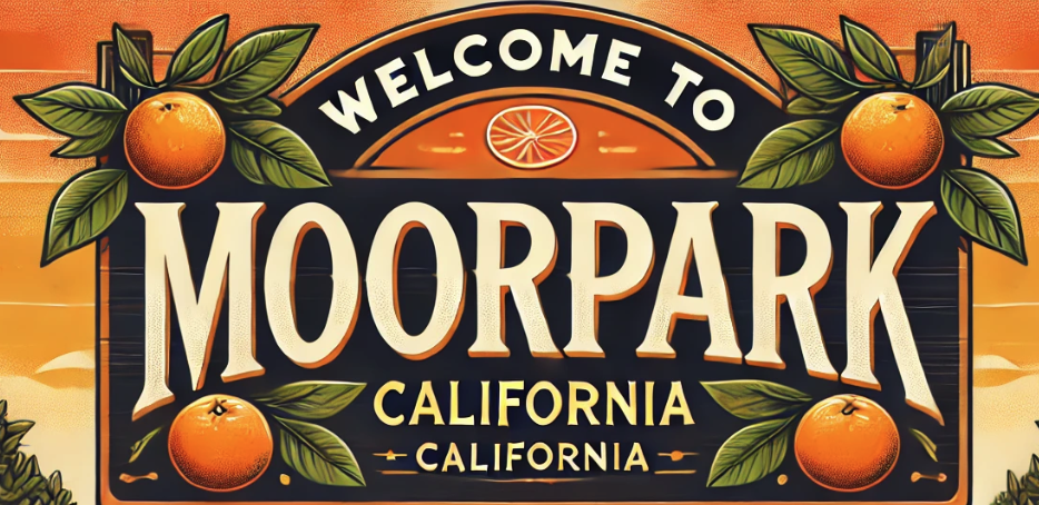 Welcome to Moorpark sign with vibrant orange groves, and a sunset backdrop. The sign reads Welcome to Moorpark California Nature, Refreshed with Citrus' in a rustic yet modern design.